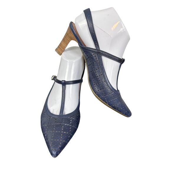 Hispanitas Sling Back Leather Pumps Wood Stacked Heel Navy Blue Size 38.5 - Picture 3 of 9